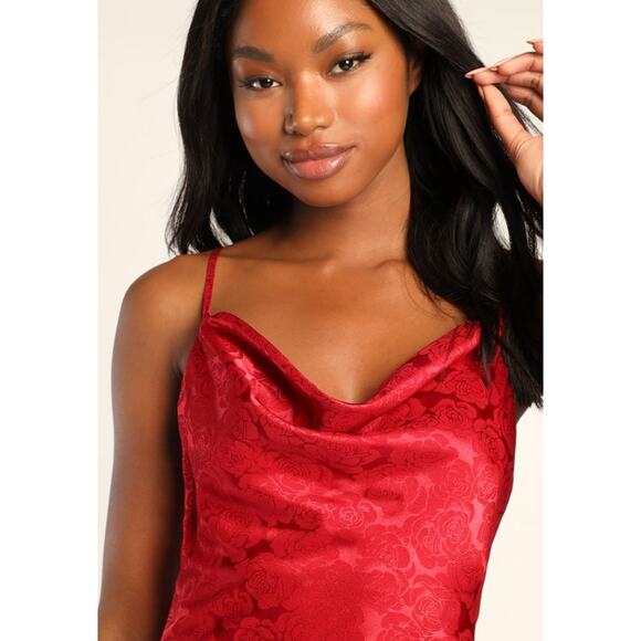Lulus You're My Type Red Satin Jacquard Midi Slip Dress Size Small NEW - Picture 2 of 8